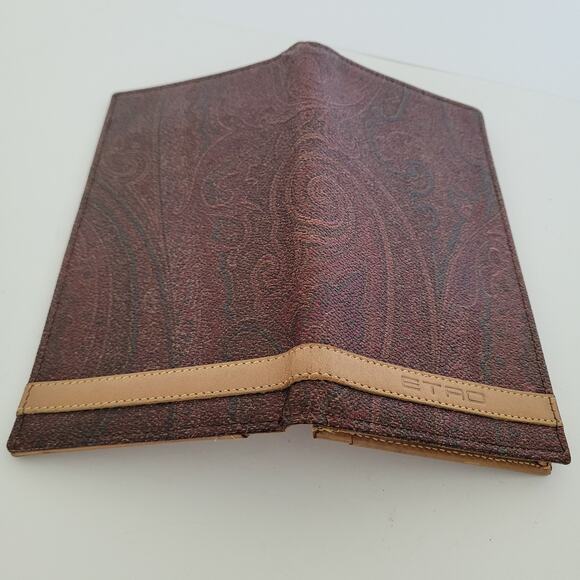 Etro Brown Large Leather Wallet Bifold Italian Paisley Card Bil Unisex Long Logo - Picture 9 of 10